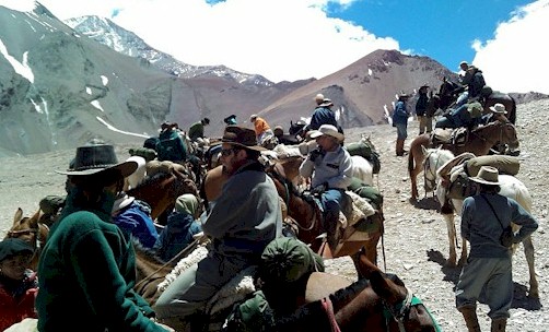 Horses and riders rest while crossing the High Andes